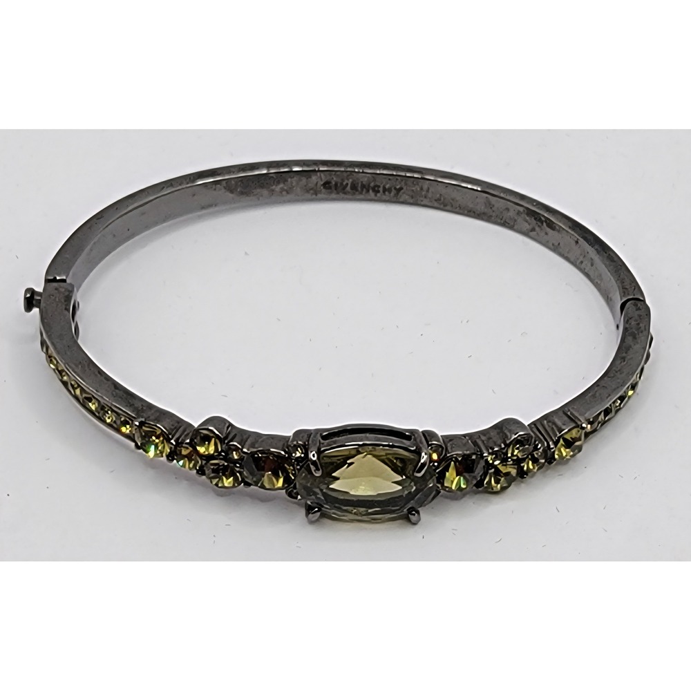 Givenchy Gunmetal Olive Green Crystal Hinged Bangle Bracelet